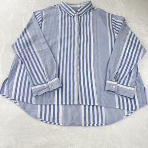 Eden & Olivia Shirt Women 3XL Blue White Stripe Roll Tab Sleeve Collar High Low‎